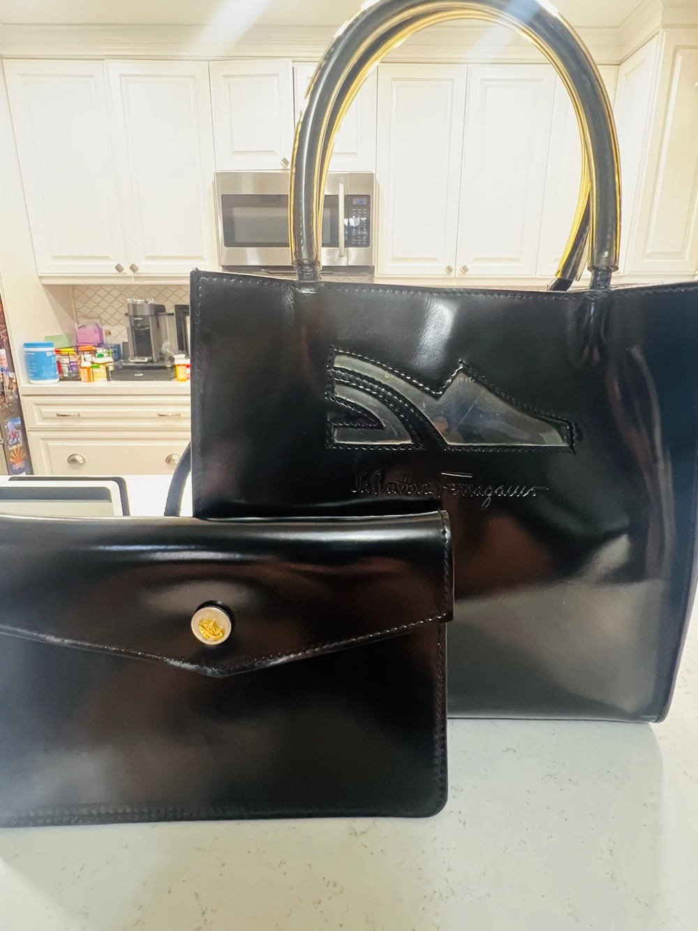 Salvatore Ferragamo Black Patent Leather Tote with Matching Clutch